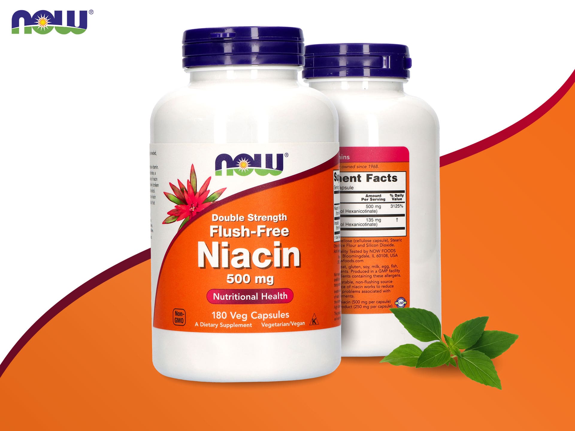 NOW Niacin be paraudimų - 500mg 180 veg kapsulių