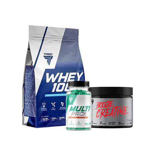 Baltymas TREC 100% Whey Cookies 900g + Kreatinas TREC Boogie Creatine Natural 300g + Vitaminai TREC Multi Pack 60 kapsulių