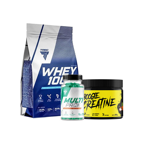 Baltymas TREC 100% Whey Cookies 900g + Kreatinas TREC Boogie Creatine Tropical 300g + Vitaminai TREC Multi Pack 60 kapsulių
