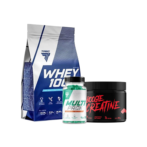 Baltymas TREC 100% Whey Cookies 900g + Kreatinas TREC Boogie Creatine Bubble Gum 300g + Vitaminai TREC Multi Pack 60 kapsulių